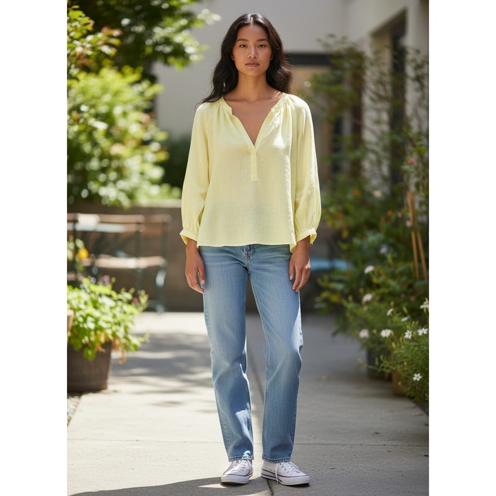J.Crew Linen Cabana Raglan Sleeve Popover Women XL Yellow Breathable Coastal